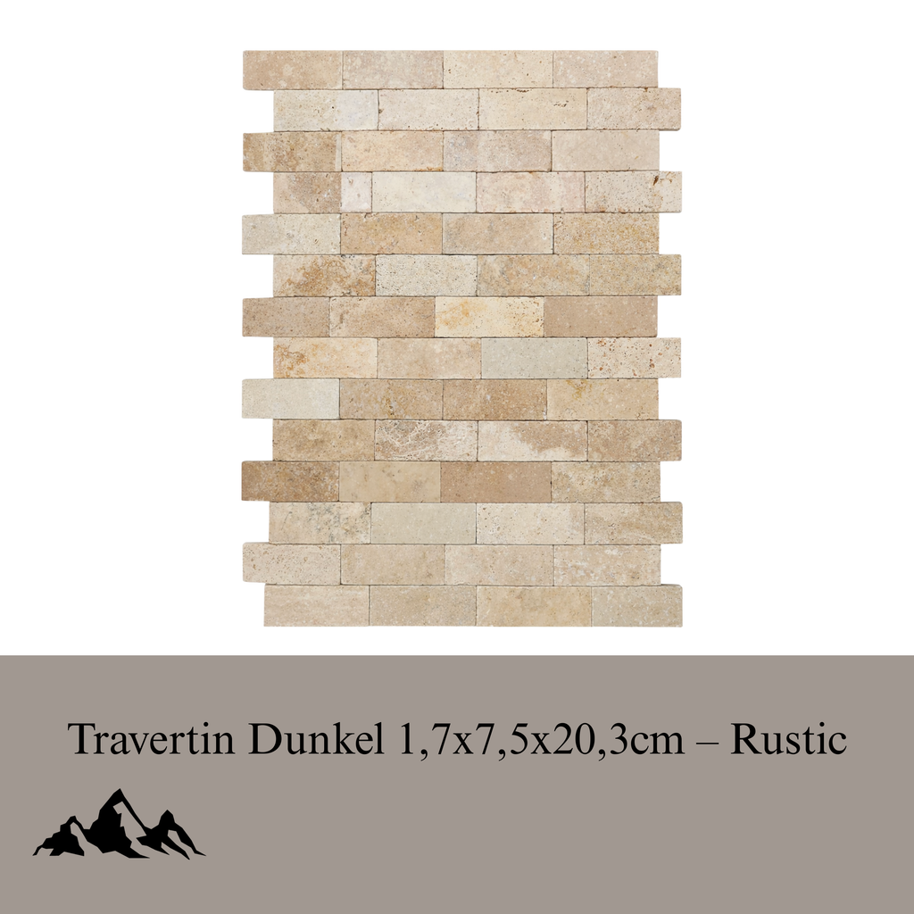 Travertin Dunkel Wandverkleidung 1,7×7,5×20,3 cm – Rustic Tumbled Naturstein Verblender | Edle Steinpaneele für Innen & Außen | Dunkle Naturstein Wand in moderner & rustikaler Optik - White Rock Germany GmbH