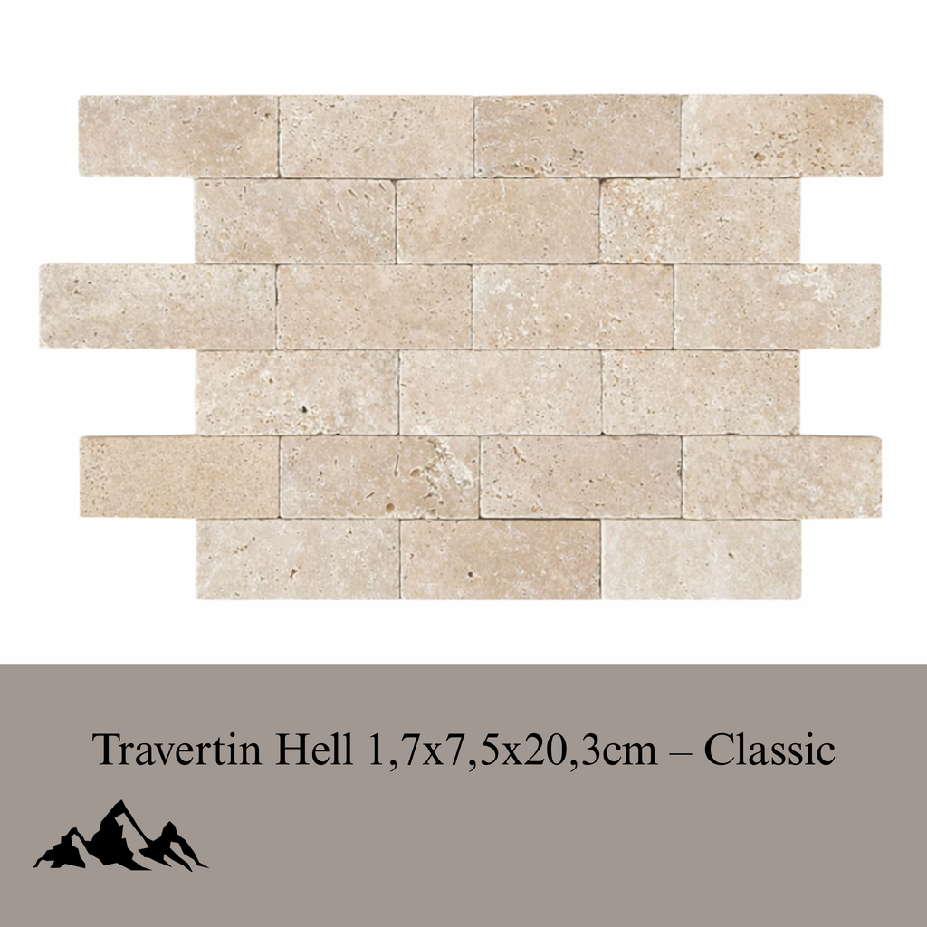 Travertin Hell Wandverkleidung 1,7×7,5×20,3 cm – Classic Tumbled Naturstein Verblender | Hochwertige Mosaik Steinpaneele für Innen & Außen | Rustikale Steinoptik für Wand & Fassade - White Rock Germany GmbH