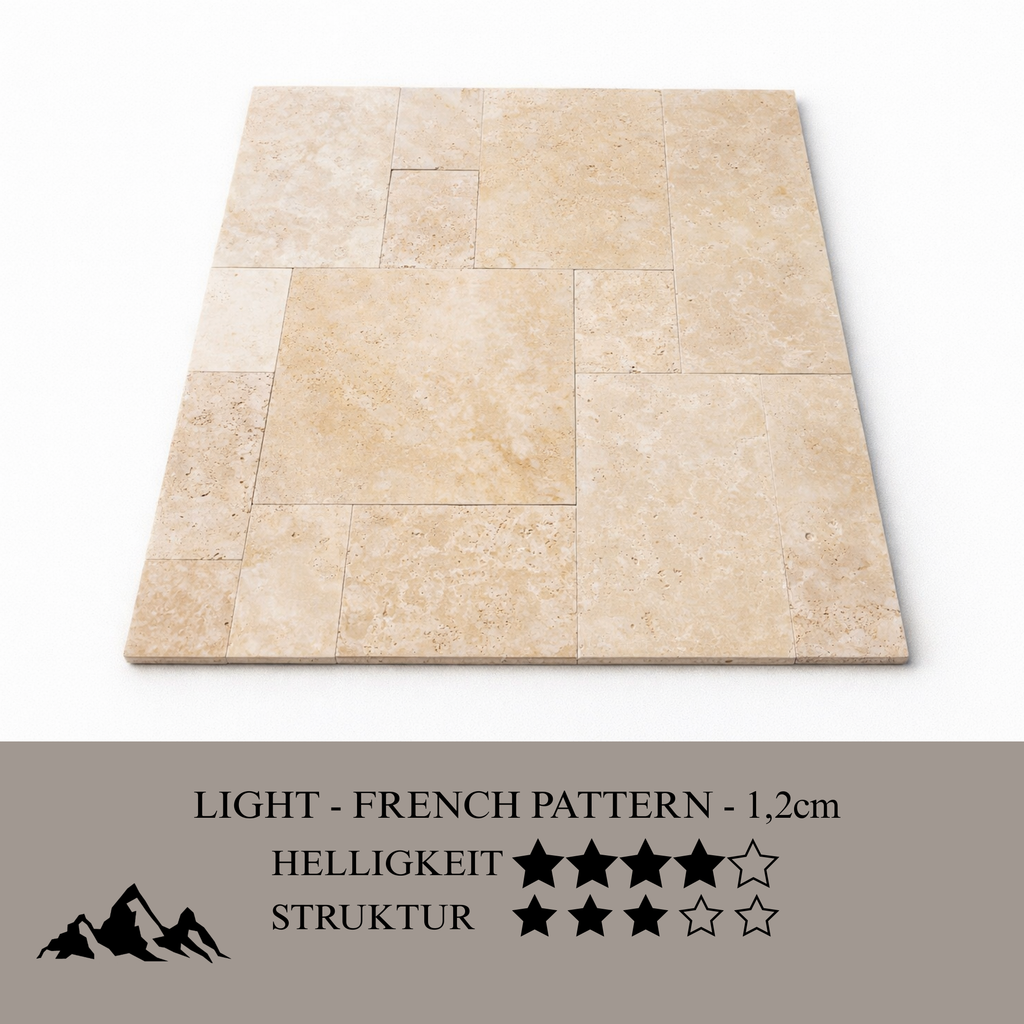 Travertin Hell – French Pattern Set (1,2 cm) - White Rock Germany GmbH